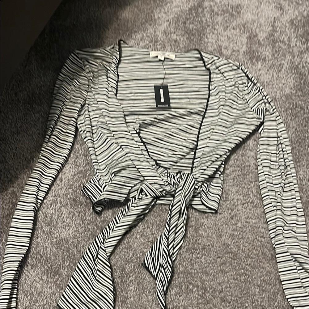Express Black and White Striped Wrap Top